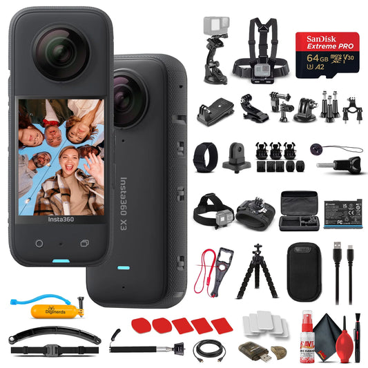 X3 - Waterproof 360 Camera + 50-In-1 Accessory Kit + 64GB Card + More